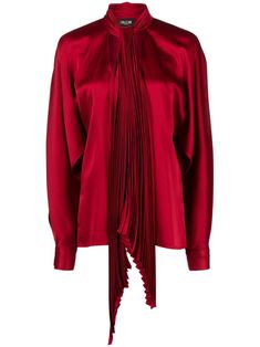 blood red satin finish pleat detailing pussy-bow collar plunging V-neck long puff sleeves buttoned cuffs straight hem Labial Dior, Del Core, Edgy Glam, Red Drapes, Bow Collar, Draped Top, Red Blouse, Fashion Collage, Blood Red