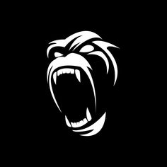 an angry bear's head with its mouth open and it is showing teeth, on a black background