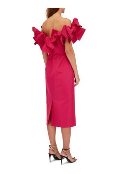 Carolina Herrera - Hot Pink Off-the-Shoulder Column Midi Dress Off-shoulder Party Dress With Structured Shoulders, Party Dresses With Structured Off-shoulder, Elegant Midi Dress With Elastic Shoulders, Chic Party Midi Dress With Elastic Shoulders, Chic Midi Dress With Elastic Shoulders For Party, Chic Off-shoulder Dresses With Structured Shoulders, Off-shoulder Midi Dress For Wedding Guest, Formal Silk Off Shoulder Dress, Silk Off-shoulder Dress For Formal Occasions