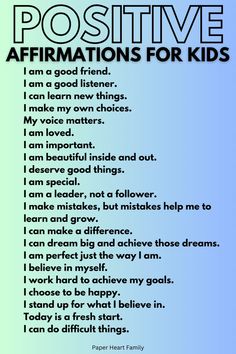 a poem written in black and white with the words positive affirmations for kids