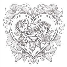 a heart with roses and leaves in the shape of a rose tattoo design on a white background