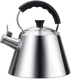 a stainless steel tea kettle with a black handle on an isolated white background, front view