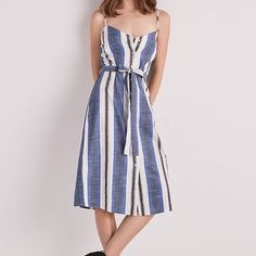 -Blue Striped Button Down Dress From Lucky Brand -Size :Xl -New With Tag -Never Worn -String Includes Blue Dress With Tie Fastening For Day Out, Casual Blue Dress With Tie Fastening, Casual Blue Dresses With Tie Fastening, Blue Daywear Dress With Tie Fastening, Blue Tie Fastening Dress For Daywear, Blue Tie Fastening Dresses For Daywear, Blue Dresses With Tie Fastening For Daywear, Striped Button-up Midi Dress For Summer, Striped Sundress Midi Dress For Daywear