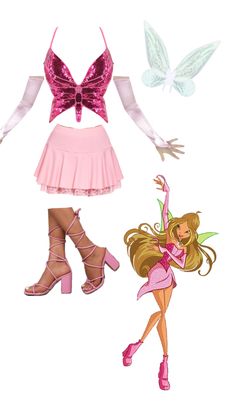 a woman in pink dress and boots with butterfly wings