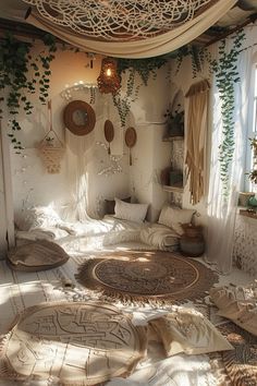 a room with lots of pillows and rugs on the floor