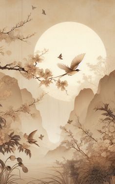 a painting of birds flying in front of a full moon with mountains and trees behind it