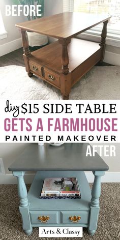 a coffee table with the words diy side table gets a farmhouse painted makeover