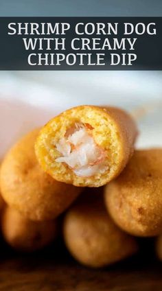 shrimp corn dog with creamy chipotle dip is shown in the foreground