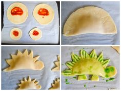 four pictures showing different stages of how to make dinosaur shaped cookies with icing and sprinkles