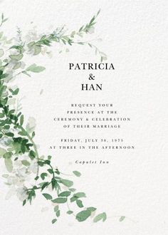 an elegant wedding card with greenery on it