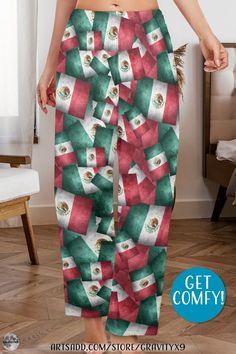 * Mexican Flags Men's Pajama Trousers  (without Pockets) by #Gravityx9Designs at Artsadd * Created with a distressed look, this design has layers of the Mexican Flag. * This pajama trousers is super comfortable in a lightweight stretch and is perfect for sleeping and lounging. *  Relaxed fit trousers with elastic waistband. * Easy Care: Machine washable * Pajama Pants* Lounge wear * This item is printed and shipped out from USA-based factory & can be shipped only to the United States. * 0824 Pajama Trousers, Mexican Flag, Mexican Flags, Spanish Design, Flag Art, Pajama Party, Fitted Trousers, Mens Pajamas, Cooler Weather