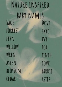 the names of nature inspired baby names in black and white, against a green background