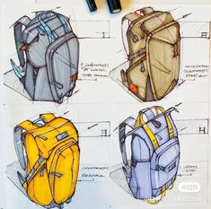 three backpacks are shown on top of a piece of paper with markers and pens