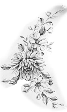 a black and white drawing of flowers with leaves on it's back side, against a white background