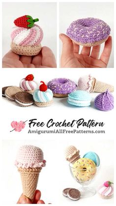 crocheted ice cream cones and cupcakes are featured in this free pattern