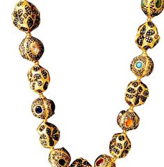 This navaratna necklace with a magnificent antique look combines nine precious gemstones to represent the energies of nine astrological planets. Certified by our in-house gemologist, each of these gemstones has been carefully handpicked to deliver a beautiful necklace that’s suitable for everyday wear. Sport this gorgeous piece of jewelry today to enjoy its eye-catching appeal. This beautiful 24kt gold plated navaratna necklace with an antique look is one product that has been flying off our she Navaratna Necklace, Indian Royalty, 24kt Gold, Precious Gems, Yellow Sapphire, Beautiful Necklace, Gold Plated Necklace, Birthstone Necklace, Precious Gemstones