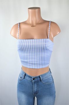 Blue Square Neck Crop Top For Summer, Blue Fitted Crop Top With Square Neck, Fitted Blue Crop Top With Square Neck, Fitted Gingham Crop Top For Summer, Fitted Plaid Crop Top For Summer, Fitted Blue Square Neck Crop Top, Trendy Plaid Crop Top For Spring, Gingham Cropped Top For Summer, Fitted Gingham Cropped Top