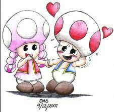 two cartoon characters holding hands with hearts coming out of the mushroom caps on their heads