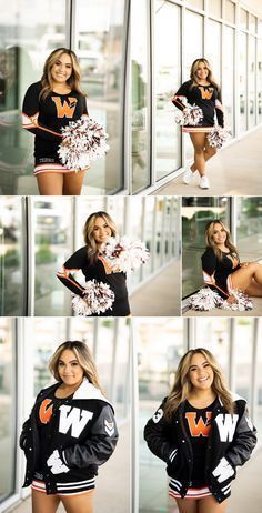 the cheerleader is posing for pictures with her pom poms