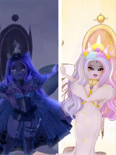 two different images of the same character in an animated video game, one is wearing a princess costume and the other has a tiara on it's head