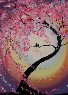 a painting of two birds sitting on a tree branch with pink blossoms in the background