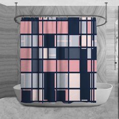 a shower curtain with pink and blue squares on it in a bathroom next to a toilet