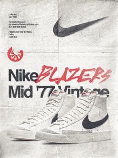 an advertisement for the nike blazer mid - 70's sneakers, with black and white