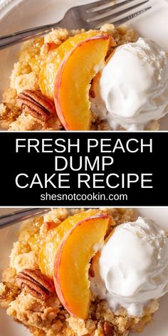 Peach dump cake with vanilla ice cream on a white plate. Fresh Peach Dump Cake, Peach Cobbler Recipe With Cake Mix, Cake Mix Peach Cobbler, Peach Cobbler Cake, Yellow Cake Mix Recipes