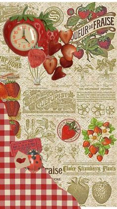 a collage of various fruits and vegetables on a checkered tablecloth with a clock