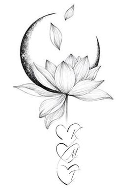 a drawing of a lotus flower with the moon in the background