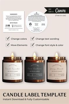 three candles with labels on them and the words candle label template in black, white and gold