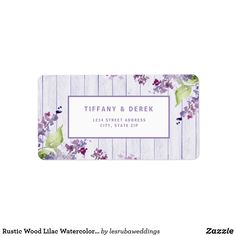 a white and purple floral address card with the words tiffany & derek on it's front