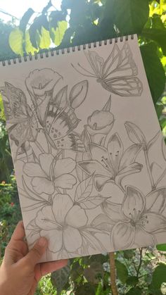 Flowers butterflies pencil drawing sketch Flower Drawing With Butterfly, Flowers Butterfly Drawing, Butterflies On Flowers Drawing, Nature Composition Drawing, Butterfly Bush Drawing, Flowers And Butterfly Drawing, Things To Draw Butterfly, Flower Wall Drawing, Asthetic Drawings Pencil