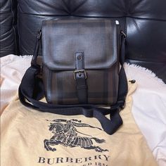 Burberry Men Vaughan Smoked Check Coated Small Brown Canvas Messenger Bag 8"L X 3.5"W X 10"H Burberry Crossbody Bag, Burberry Shoulder Bag, Burberry Plaid, Canvas Messenger Bag, Leather Belt Bag, Vintage Burberry, Messenger Bag Men, Burberry London, Monogrammed Leather