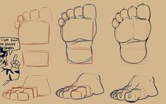 four different types of feet and hands drawn in various stages of the same drawing technique