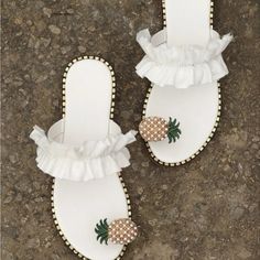 Rebellious Rose | Shoes | Pineapple Decor Ruffle Trim Thong Sandals White Pearl Decor Flat Sandals | Poshmark Summer Party Sandals With Ruffles, Elegant Summer Sandals With Ruffles, Feminine White Sandals For The Beach, Summer Ruffled Open Toe Sandals, Summer Ruffle Open Toe Sandals, Luxury Elegant Flower Sandals, Elegant Flower-shaped Party Sandals, Luxury Pearl-embellished Sandals For Spring, Elegant Flower-shaped Beach Sandals