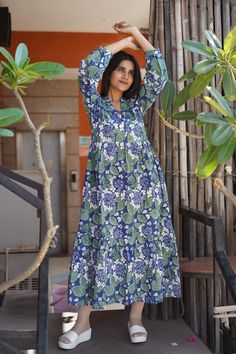 Hand Block Printed Dress, Block Print Dress, Indian Tunics, Hand Printed Dress, Indian Cotton Long Gown, Indian Cotton Dress, Printed Dress Cotton Dresses Summer Indian, Handblock Print Dress, Block Print Dress Indian, Long Gown Indian, Indian Cotton Dress, Gown Indian, Block Print Dress, Autumn Dresses, Indian Tunic