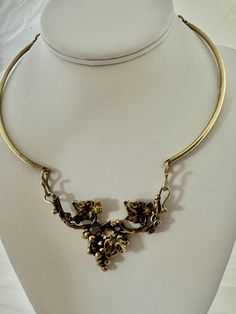 RICHARD KAISH Artisan Bronze Grape Necklace ~ Vintage Grapevine Bib Necklace Vintage Grape Cluster Vine  Leaf  Artisan Made Brutalist Bronze Metal, Bib Necklace Choker by Designer RICHARD KAISH**. Measuring about 17" hand-crafted, highly dimensional, grape design bib section that measures 3 1/8" x 2 1/4" x 5/8" deep. A unique, shepherd hook, front clasp holds securely. Signed  © KAISH creates one-of-a-kind, statement jewelry pieces, using welding techniques only. Each piece, though similar in de Grape Jewelry, Grape Necklace, Welding Techniques, Brutalist Jewelry, Grape Design, Jewelry Wardrobe, Fruit Jewelry, Bronze Metal, Necklace Choker