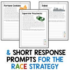 three worksheets with the text short responses for the race strategy on them