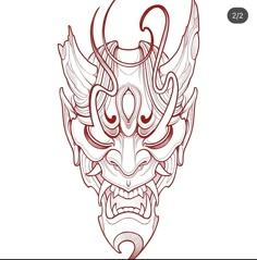 a drawing of a demon head with horns on it's forehead and eyes drawn in red