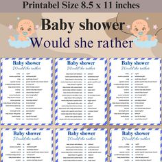 printable baby shower game with blue and white stripes on the sides, for boys or girls