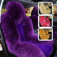 the interior of a car with purple fur