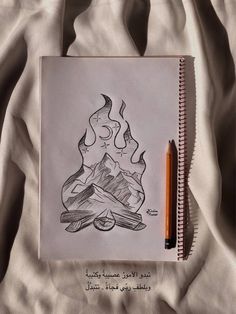 a pencil drawing of a campfire with mountains in the background