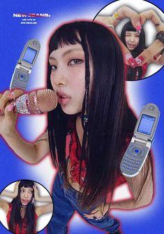 an advertisement for a cell phone that is being used by a woman with long black hair