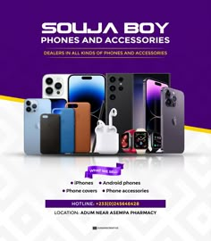 an advertisement for the soula boy phone and accessories store, featuring several different styles of phones