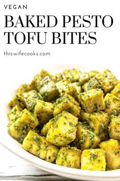 vegan baked pesto tofu bites in a white bowl