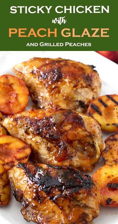 grilled chicken with peach glaze and grilled peaches on a white plate