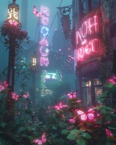 the neon signs are lit up in front of buildings and bushes with flowers growing on them