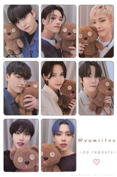 several pictures of people holding teddy bears with their faces close to one another and looking at the camera