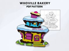 an image of a paper doll house with a cupcake on top and the words, whovillee bakery